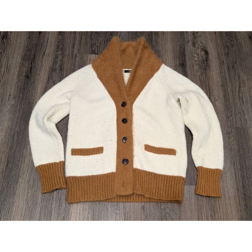 J Crew Cardigan Sweater Shawl Collar Button Front Knit Cream Brown Size S READ!